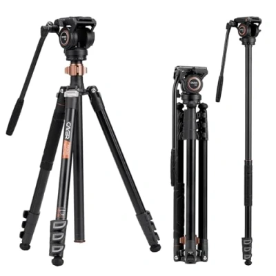 Abbildung von Cayer FP2450 Fluid Head Tripod, 75 Zoll Aluminium Video Stativ, 4 Sektion Kompaktes Kamerastativ umwandelbar in EIN Einbeinstativ für DSLR Kamera, Belastbarkeit bis zu 13,2 Pfund