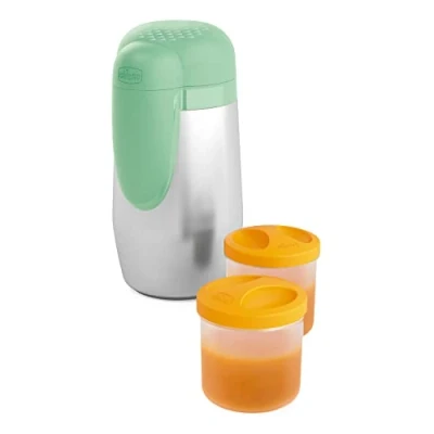 Abbildung von Chicco Thermobehälter, Termobecher für Essen, Brei und Babynahrung, Babyflasche aus Edelstahl mit 2 Behältern, Thermosflasche Speisen u. Getränke, hält Temperatur bis 5 Std., Isolierflasche, 0+ M