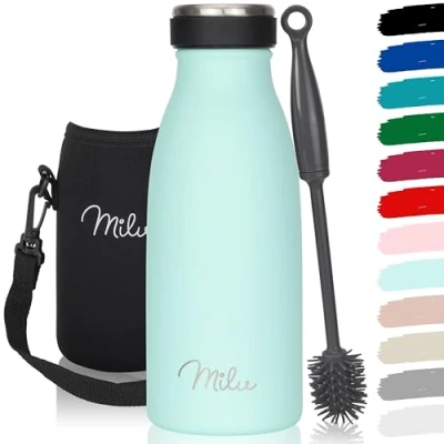 Abbildung von Milu Edelstahl Trinkflasche 350ml, 500ml, 750ml, 1L, 1,5L Thermosflasche für Kinder Erwachsene auslaufsicher Isolierflasche Kohlensäure geeignet inkl. Reinigungsbürste (Mint, 350ml)
