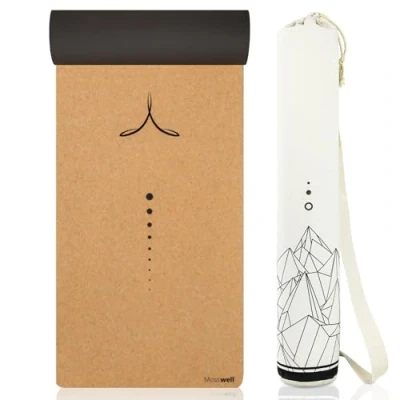 Abbildung von Mosswell Premium Kork Yogamatte (4mm dick) Rutschfeste Fitnessmatte mit Hilfslinien Pilatesmatte + Yogatasche (Trinity)