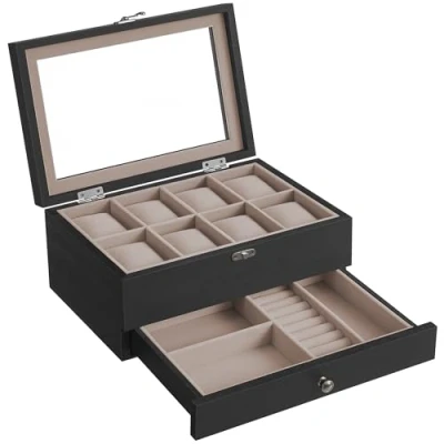 Abbildung von SONGMICS Uhrenbox mit 8 Fächern, Uhrenkasten aus Massivholz, Glasdeckel, Uhrenkissen, Schmuckaufbewahrung, Geschenk für Ihre Liebsten, ebenholzschwarz JOW008B01