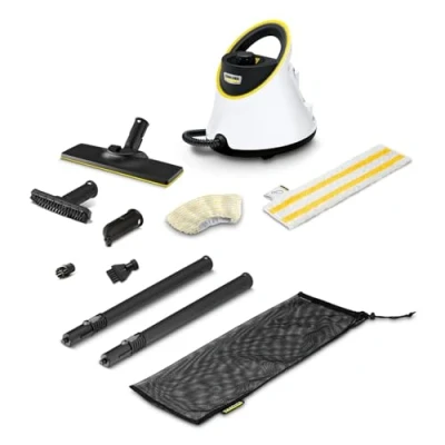 Abbildung von Kärcher Dampfreiniger SC 2 Deluxe, Flächenleistung: ca. 75m², Tank: 1 l, Dampfdruck: max. 3,2 bar, Aufheizzeit: 6,5 min., Heizleistung: 1.500 W, mit Bodenreinigungsset EasyFix und 3 Düsen