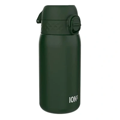 Abbildung von Ion8 Kinder Trinkflasche, Edelstahl 400ml, Auslaufsicher, Einhandöffnung, Sichere Verriegelung, Spülmaschinenfest, Klappdeckel, Tragegriff, Leicht zu Reinigen, Langlebig &amp; Kratzfest, Dunkelgrün