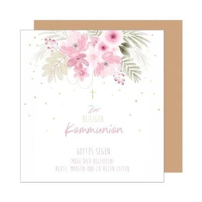 Abbildung von Edition Seidel Premium quadratische Glückwunschkarte zur Kommunion mit Umschlag. Kommunionskarte Spruch Karte Grußkarte Mädchen Jugendliche Blumen Kreuz (KOQ101 SW025)