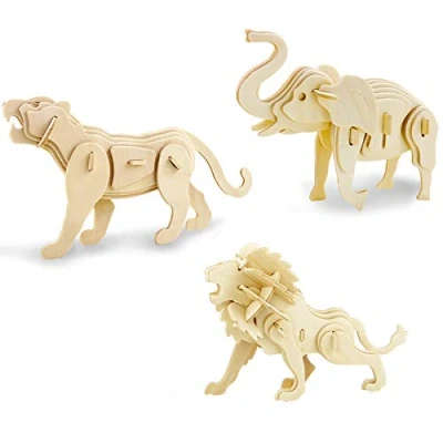 Abbildung von Georgie Porgy Hölzerne 3D Puzzle Sammlung Modell Kit Baukasten Holzhandwerk Kinder Spielzeug Alter 5+ Packung 3 (Elefant Löwe Tiger)