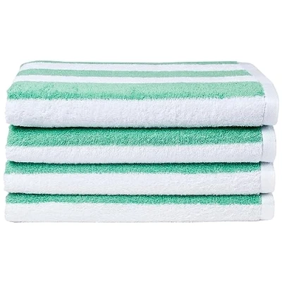 Abbildung von Amazon Basics Pool und Strandtuch, 100 % Baumwolle, Frottee, Cabana Streifen, weich saugfähig, 76 x 152 cm, 2 Stück, Grün