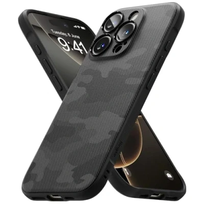 Abbildung von Ringke Onyx Case Kompatibel mit iPhone 16 Pro Max Hülle, [Fester Griff] Tarnmuster Design rutschfest Schlankes Slim Fit Einzigartige Textur TPU Robuste Stoßfeste Anti Kratzer Handyhülle Camo Black