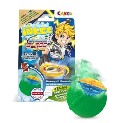 Abbildung von INKEE Surprise BLADE Kampfkreisel Badebombe Kinder mit Überraschung 1 von 6 mini Kreisel Badekugel 100g Schokolade Duft und Kakaobutter, Grün oder Rot
