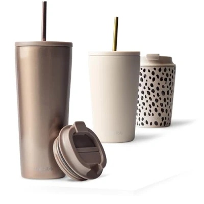 Abbildung von MAMEIDO Thermobecher mit Strohhalm 700ml &amp; 470ml Trinkbecher Deckel und aus Edelstahl doppelwandig isoliert, auslaufsicher Coffee to go Becher (Rosé Quartz, 0,7l)