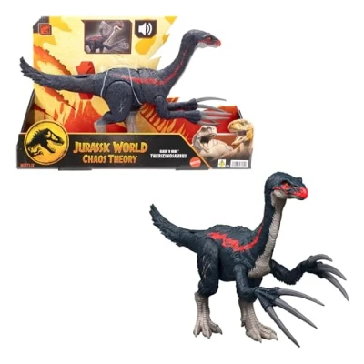 Abbildung von Mattel Jurassic World Chaostheorie Attacke und Brüllgeräusche Therizinosaurus Dinosaurier Actionfigur, Klauenangriff Brüllgeräusch, digitaler Spielspaß, JCG17, [Mehrfarbig]