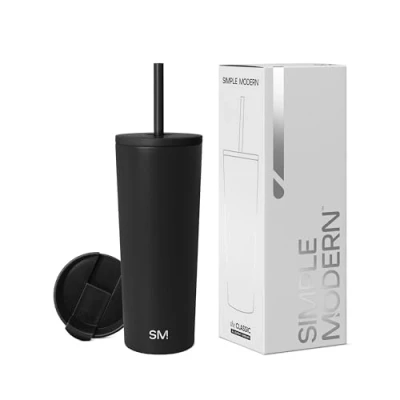 Abbildung von Simple Modern Isolierter Becher mit Strohhalm und Deckel EiskaffeeBecher Wiederverwendbare EdelstahlWasserflasche Thermobecher Classic Sammlung 710ml Midnight Black