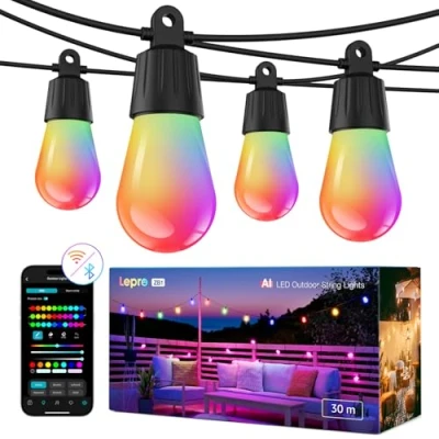 Abbildung von Lepro ZB1 AI LED Lichterkette Außen, RGB+Warmweiß Smarte S14 WLAN Glühbirnen,App Steuerung,Funktioniert mit Alexa&amp;Google,IP65 wasserfest,KI Lichtdesign Assistent,ohne Fernbedienung,30 LEDs 30m