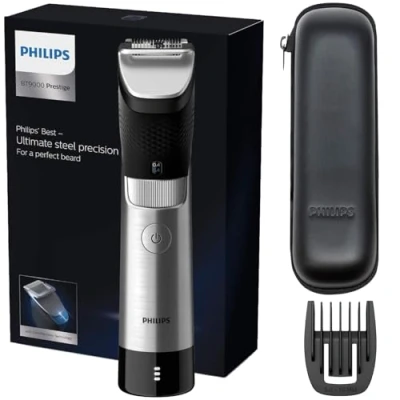 Abbildung von Philips Bartschneider Serie 9000 Prestige mit SteelPrecision Technologie, 3 stufige Akkuanzeige, bis zu 120 min Laufzeit / 1 Stunde Ladung, Modell BT9810/15