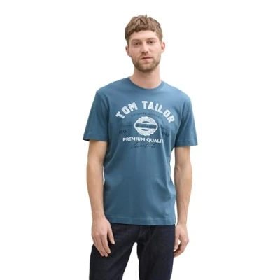Abbildung von TOM TAILOR Herren 1037735 T Shirt aus Baumwolle mit Logo Print, 36985 Mystical Blue, XL