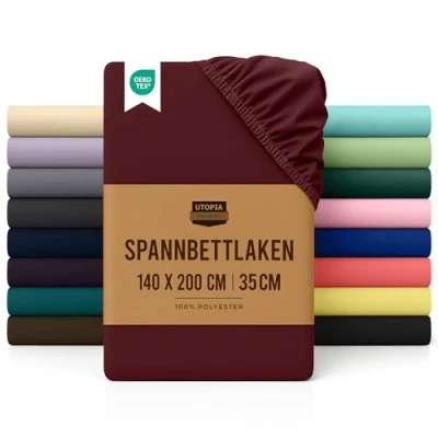 Abbildung von Utopia Bedding Spannbettlaken 140x200cm Burgunderrot Gebürstete Polyester Mikrofaser Spannbetttuch 35 cm Tiefe Tasche