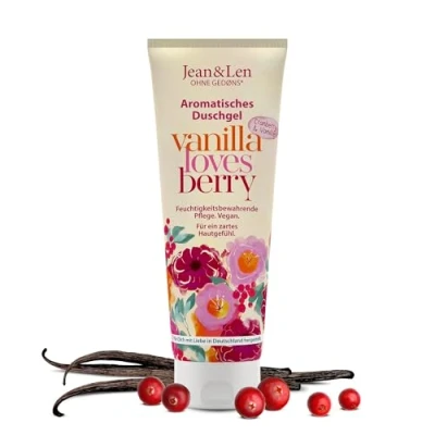Abbildung von Jean &amp; Len Duschgel Cranberry Vanille, pH hautideal, belebendes Duscherlebnis, mit und Vanille Extrakt, für weiche Haut, veganes Duschgel, ohne Parabene Silikone, 250 ml
