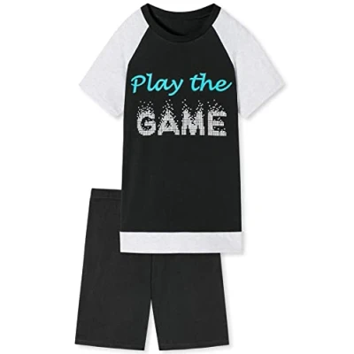 Abbildung von Jungen Schlafanzug kurz, weicher Single Jersey aus 100% Baumwolle und Hose in Bermuda Form mit Motiv Play The Game, schwarz Grösse 152