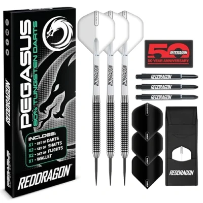 Abbildung von RED DRAGON Pegasus Professionelles Wolfram Steeltip Dart Set, erhältlich in 21, 23, 24, 25, 26, 28, 30 Gramm, mit Flights, Schäften (Schäften) und Tasche (Weiß 23G, 2)