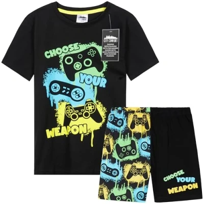 Abbildung von CityComfort Schlafanzug Kinder Jungen Teenager Sommer Baumwolle Pyjama Set Atmungsaktiv und Bequem Gaming Kurze Schlafanzüge (7 8 Jahre, Schwarz/Mehrfarbig)