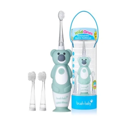 Abbildung von Brush Baby WildOnes Elektrische wiederaufladbare Zahnbürste für Kinder, Koala, 1 Griff, 3 Bürstenköpfe, USB Ladekabel, Kinder von 0 10 Jahren (Koala)