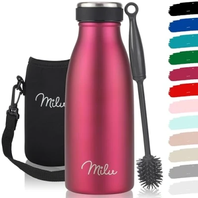 Abbildung von Milu Edelstahl Trinkflasche 350ml, 500ml, 750ml, 1L, 1,5L Thermosflasche für Kinder Erwachsene auslaufsicher Isolierflasche Kohlensäure geeignet inkl. Reinigungsbürste (Berry, 350ml)