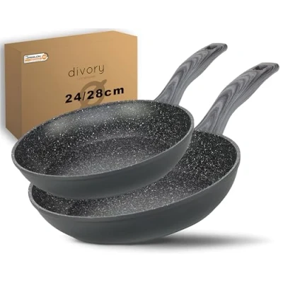 Abbildung von DIVORY Pfannenset 2 teilig Pfanne 24cm, 28cm Induktion Antihaft Beschichtete große Universalpfanne für alle Herdarten Sichere Griffe, Spülmaschinen geeignet (Griff: Graue Holzoptik)