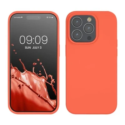 Abbildung von kwmobile Hülle für das iPhone 14 Pro dünnes Silikon Handy Case stoßfeste Handyhülle mit weicher Oberfläche unterstützt kabelloses Laden Leuchtende Koralle