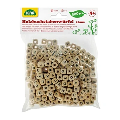Abbildung von Lena 32005 Bastelset Buchstabenwürfel aus Holz, 300 Fädelperlen Form und mit Buchstaben, Holzperlen Kinder ab 3 Jahre, Perlen Set zum selber Basteln von Perlenschmuck, Würfel Natur Schwarze Schrift