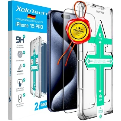 Abbildung von XeloTech 3D Schutzglas für iPhone 15 Pro Schutzfolie aus hartem Premium Glas [2 Stück] mit bewährter Schablone zur Positionierung