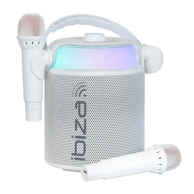 Abbildung von Ibiza KARAHOME WH Batteriebetriebener Karaoke Lautsprecher mit Zwei drahtlosen Mikrofonen (batteriebetrieben) Bluetooth, USB, MicroSD, AUX und Coax Weiß