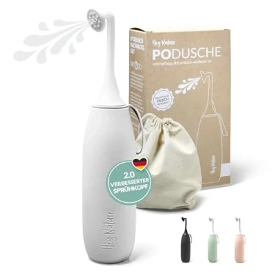 Abbildung von Hey Nature Po Dusche hellgrau, mobiles Bidet für eine sanfte, hygienische Reinigung des Intimbereichs. Podusche Hilfe im Wochenbett, bei Hämorrhoiden etc. statt feuchtes Toilettenpapier.
