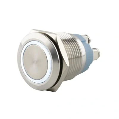 Abbildung von SeKi Edelstahl Drucktaster Ø16mm tastend flacher Kopfform farbig beleuchtetem LED Ring in weiss Schraubanschluss; Klingeltaster