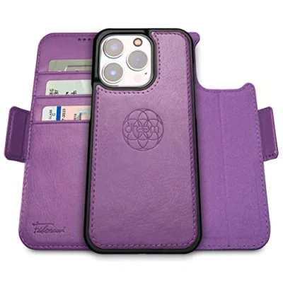 Abbildung von Dreem Fibonacci kompatibel mit iPhone 14 Pro Max Brieftaschen Etui / 2 in 1 stoßfestes und abnehmbares Folio aus veganem Leder, MagSafe kompatibel, RFID Schutz [Lila]
