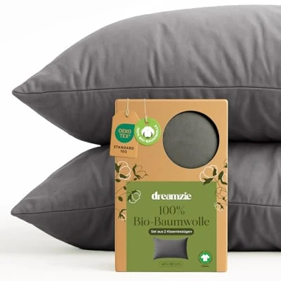 Abbildung von Dreamzie 100% Bio Baumwolle Kissenbezug 40x60 cm 2er Set Anthrazit mit Reißverschluss Oeko Tex