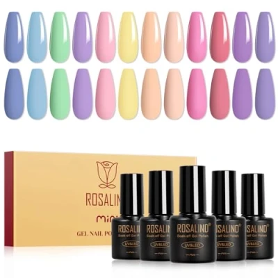 Abbildung von ROSALIND UV Nagellack Pastell, 12 Farben Blau Grün Lila Rosa Gelb Nude Gel Nagellack,Shellac Pastell Macaron Soak Off Set Frühling Sommer Farbgel für Gelnägel Maniküre Geschenkset