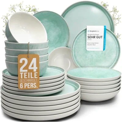 Abbildung von Steingut Geschirrset 6 Pers. Ibiza 24 tlg Hochwertiges Mediterranes TEST SEHR GUT Geschirr Set Schüssel und Teller Tafelservice Personen Geschirrsets Pure Living in Türkis