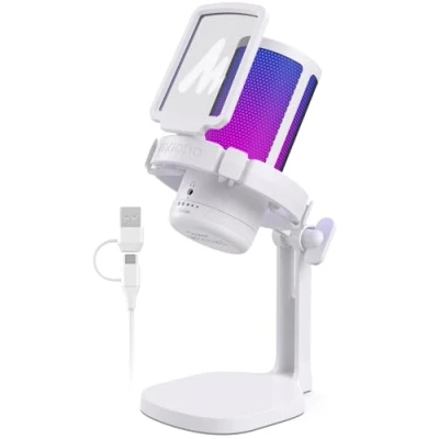 Abbildung von MAONO Gaming Mikrofon für PC, Geräuschunterdrückendes USB Gaming, Streaming, Podcast, PS5/PS4/Mac mit Steuerbare RGB Licht, One Touch Stummschaltung, Gain Regler, DGM20 Weiß