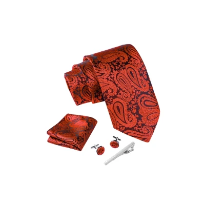 Abbildung von Massi Morino Krawatte Paisley Rot mit Einstecktuch Set Herren inkl. Manschettenknöpfe, Krawattennadel und Geschenkbox Männer Krawattenset