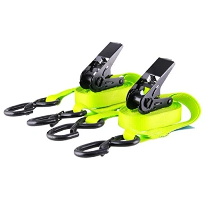 Abbildung von Sandax 2er Set Spanngurte mit Ratsche (PU beschichtet), Zweiteilige Zurrgurte, Länge 4 Meter (4m), Breite 25mm, Farbe neon gelb, S Haken Sicherung, bis 800kg, Ratschengurte nach DIN EN 12195 2