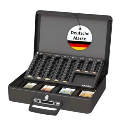 Abbildung von MAUL Geldkassette mit Münzzählbrett aus Stahl abschließbar Entnehmbares Scheinfach Tragbare Kasse 2 Schlüsseln Ideal als kleiner Safe, Tresor, Registrierkasse Schwarz