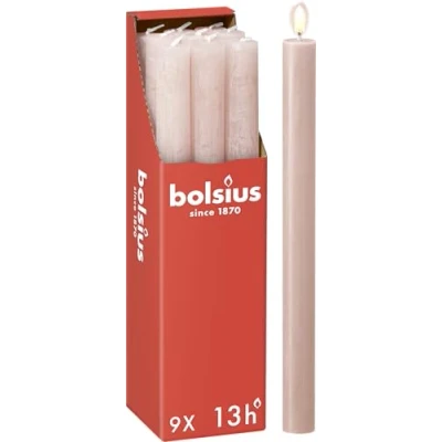 Abbildung von Bolsius Rustik Stabkerzen Hellrosa 9 Stück 27 x 2.3 cm Länge Brenndauer 13 Stunden Unparfümierte Enthält Natürliches Pflanzenwachs Ohne Palmöl