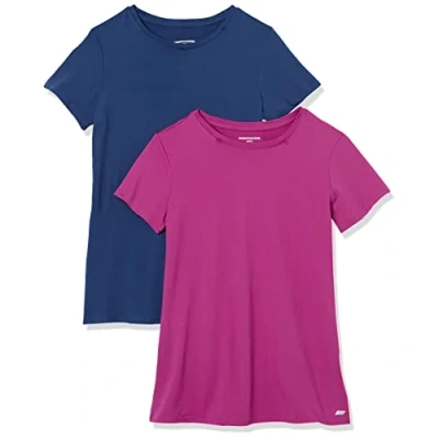 Abbildung von Amazon Essentials Damen Kurzärmliges Tech Stretch T Shirt mit Rundhalsausschnitt (in Übergröße erhältlich), 2er Pack, Blau/Orchideenviolett, M