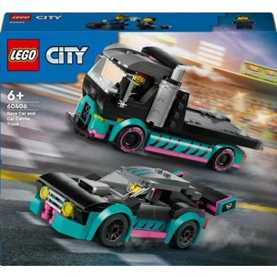 Abbildung von LEGO City Autotransporter mit Rennwagen, LKW Spielzeug Verstellbarer Laderampe und Renn Auto, Bauset 2 Minifiguren, Rennfahrer Fahrer, Kinder ab 6 Jahren 60406
