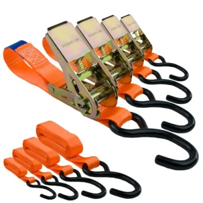 Abbildung von Spanngurte mit Ratsche und Haken 4er Set, 25mm breit 3m lang, bis 700kg, Spanngurt orange, Zurrgurte für Ladungssicherung, Haken, Gurtband,