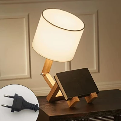 Abbildung von ELINKUME Roboter Nachttischlampe,Kreative Tischlampe mit Einstellbar Massivholzsockel,Wohnzimmer Moderne E27 Tischleuchte Stoffschirm,Dekorative DIY Lampen für Schlafzimmer und Kinderzimmer