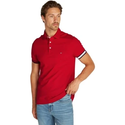 Abbildung von Tommy Hilfiger Herren Poloshirt Kurzarm Flag Cuff Slim Fit, Mehrfarbig (Medium Red), M