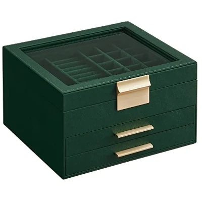 Abbildung von SONGMICS Schmuckkästchen, Schmuckkasten mit 3 Ebenen, Schmuckbox Glasdeckel, 2 Schubladen, Schmuckaufbewahrung, viel Stauraum, modern, Weihnachten, waldgrün golden JBC239C01