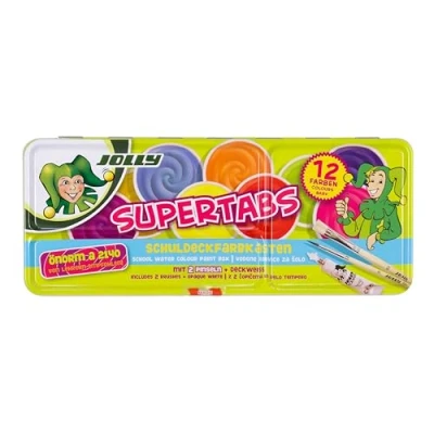Abbildung von JOLLY Supertabs 12er Classic, Schuldeckfarbkasten, 12 Deckfarben, inkl. Deckweiß und 2 Pinsel im Metall Etui, gut deckende vermischbare Farben, hohe Pigmentdichte, für Schule Privat geeignet
