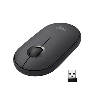 Abbildung von Logitech M350 Pebble Kabellose Maus, Bluetooth und 2.4 GHz Verbindung via Nano USB Empfänger, 18 Monate Akkulaufzeit, 3 Tasten, Leises Klicken Scrollen, PC/Mac/iPadOS Graphit