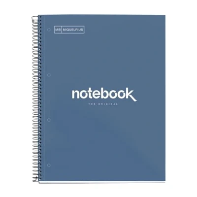 Abbildung von Miquelrius Notizbuch A4 Notebook, 1 farbiger Streifen, 80 Blatt mit raster 5 x mm, Papier 90 g/m² mikroperforiert 4 Bohrungen für Ringe, Einband aus Karton, Farbe Marineblau